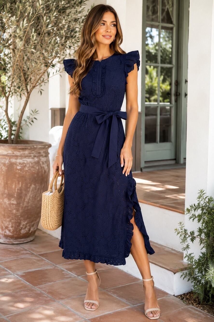 Cartolina Navy Eyelet Midi Dress Flutter Sleeve Waist Tie Coastal Preppy XXS NWT